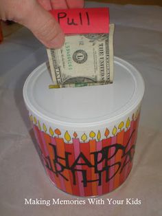 What a cute way to give money as a gift!  Cover a can with cute paper and then make a tab.  Tape dollar bills together and tac the tab to the first dollar bill and make sure the tab sticks out through the cut in the lid.  Now roll the dollar bills up. Stuff tissue paper in the canister as well for some cushion.  What kid wouldn't love this???  Adults, too! Happy Home Fairy, Birthday Money, Money Gift, Birthday Gift Ideas, Making Memories, Crafty Stuff, Homemade Gifts, Creative Gifts, Craft Gifts