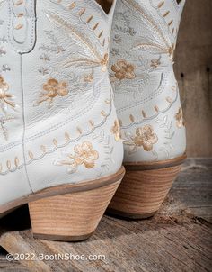 Dingo 1969 Women's #Primrose White Floral Embroidery Western Booties — Boyers BootnShoe Dingo 1969 Boots, White Embroidered Boots For Fall, White Embroidered Round Toe Boots, Spring Embroidered Almond Toe Boots, White Floral Embroidery, Western Booties, Reception Party, Gold Embroidery, Short Boots