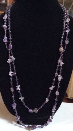 Pretty 2 Stranded Amethyst colored Beaded Necklace Long Purple Beaded Necklaces, Purple Beaded Long Necklace, Adjustable Lavender Beaded Necklace With Natural Stones, Adjustable Beaded Purple Crystal Necklace, Adjustable Purple Beaded Crystal Necklace, Adjustable Long Purple Beaded Necklace, Amethyst Beaded Necklaces With Round Beads, Purple Necklaces With Round Stone Beads, Purple Necklace With Round Stone Beads