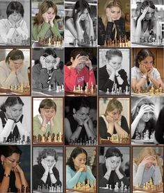 a collage of people playing chess and posing for pictures with their hands on their faces