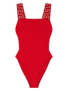 red stretch-design square neck scoop back signature Greca detailing full lining Be mindful to try on swimwear over your own garments. Red One Piece, Vacay Vibes, City Dress, Water Consumption, Yoko London, Design Square, Iconic Bags, Summer Beach Wear, Ballet Flat Shoes