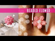 three different types of rings with pearls and flowers on them, including one in pink