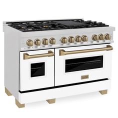 a white stove with two ovens and gold knobs on the front, against a white background