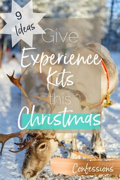 a reindeer in the snow with text overlay that reads 9 ideas to give experience kits this christmas