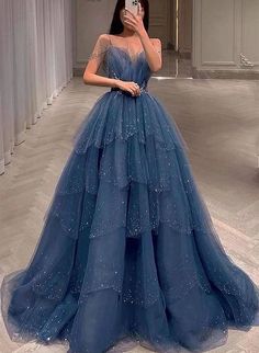 Blue Beaded Layers Tulle Straps Long Formal Dress, Blue Long Evening Dress Prom Dress Prom Dress Tiered, Gaun Fashion, 파티 드레스, Blue Evening Dresses, Beaded Prom Dress, Ball Gowns Evening