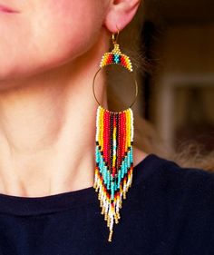 Ethnic Shoulder Duster Earrings Extra Long Earrings Long - Etsy Extra Long Earrings, Shoulder Duster Earrings, Duster Earrings, Beaded Earrings Diy, Native Beadwork, Ethnic Necklaces, Long Fringe, Native Style, Long Fringes