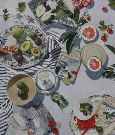 a painting of plates and fruit on a table