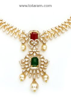 18 Karat Gold Diamond Necklace with Japanese Culture Pearls & Color Stones
  This Product has Inter Changeable Stones in the Necklace
   - 235-DN344 - in 36.000 Grams for USD $5816.39. 
Made in India by Totaram Jewelers Online this product is in Gold - 18 Karat Gold  & is an excellent gift for Adult - Women. Ships fully insured with secured guaranteed delivery for free with your order over $250 from New Jersey USA & comes with 30 days exchange policy. Color Stones, Gold Diamond Necklace, Gold Jewelry Indian, Pearl Color, Japanese Culture, Cultured Pearls, Indian Jewelry, Semiprecious Stones, Jewelry Stores