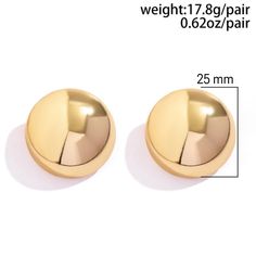 Geometric modern and classic post earrings, are made of glossy stainless steel 18K gold plated round domes. A Great Gift For you! - Metal: Stainless Steel.- Closure: Stud.- Plating: 18k Gold plated.- Size: 25 mm Ships in a Balara Gift Pouch. Available in Gold. SKU# EC1011 Steampunk Earrings, Vintage Steampunk, Big Balls, Steampunk Jewelry, Round Stud Earrings, Gift Pouch, Big Earrings, Moda Fitness, Ear Jewelry