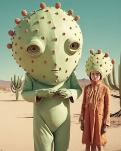 two people in costumes standing next to each other with cactus heads on their heads and eyes