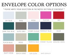 the color scheme for envelopes with text that reads envelope color options please write your section in