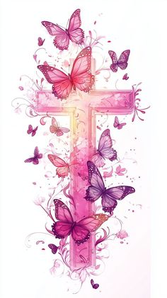 a cross with butterflies flying around it