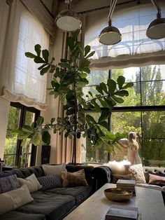 a woman standing in front of a large window next to a living room filled with furniture