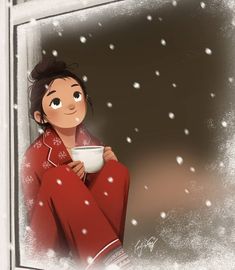 a woman sitting in front of a window drinking from a cup while covered in snow