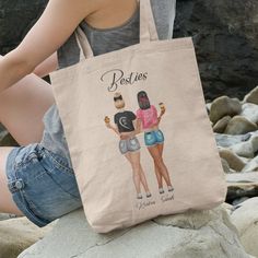 "Personalized Best Friends Tote Bag is the perfect gifts for your Besties birthdays or great for that girls trip to the beach. Made of a high quality natural colored polyester linen with matching canvas handles. Simple, rustic, and sophisticated linen fabric. Perfect for carrying beach items, craft supplies, pet supplies, school supplies or for shopping. Great for kids too. The personalized design is made to resemble your Best friends and yourself. Choose skin tone, stance, shorts, shirts, acces Personalized Tote Bags Bridesmaids, Bridal Party Tote Bags, Trip Bag, Bridesmaid Tote Bags, Beach Items, Gift Best Friend, Custom Tote Bags, Personalized Tote Bags, Bridesmaids Personalized