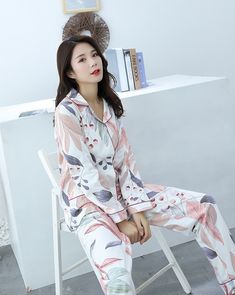 FREE SHIPPING Spring Leaves Printed Pajamas JKP4450 White Printed Long Sleeve Sleepwear, White Floral Print Long Sleeve Sleepwear, Sleep Wear Pajamas, Spring Leaves, Maternity Sleepwear, Plus Size Sleepwear, Satin Sleepwear, Sleepwear Dress, Silk Sleepwear