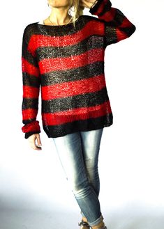 "Post-punk red and black striped grunge sweater. Loose knitted oversized fitted mohair jumper. Perfect for casual and everyday usage; will go perfectly with jeans, leggings and may combine easily with many colors especially with all blacks. Material: mohair, wool, and acrylic mixed yarn. (80%acrylic,10%mohair,10%wool) If you want the same sweater in thicker texture, please visit; https://www.etsy.com/listing/736337058/hand-knit-mohair-sweater-unisex-nu-goth?ga_search_query=striped&ref=shop_i Loose Knit Jumper, Pull Mohair, Mohair Jumpers, Baggy Sweaters, Boho Sweater, Loose Knit Sweaters, Punk Rave, Estilo Punk