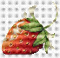 a cross stitch pattern of a strawberry with green leaves on it's back and white background