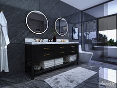 a bathroom with two round mirrors on the wall above the sink, and a white rug in front of it