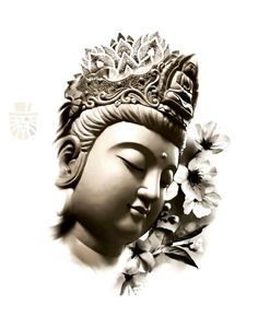 a buddha statue with flowers around it's neck and the head in black and white