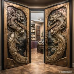 an open door with two dragon images on the front and back doors, in a large room