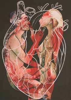 an abstract painting of two people hugging each other with lines coming out of the heart