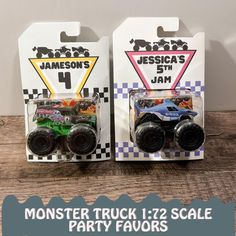 two monster trucks are on display in their packaging for the party guests to take home