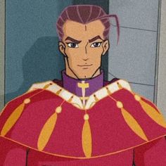 an animated image of a man in a red suit with gold trimmings on his face