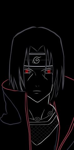 an anime character with red eyes and black hair, wearing a hoodie in the dark