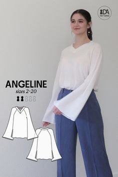 an image of a woman wearing blue pants and a white top with the words angeline on