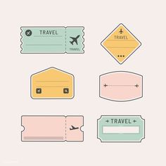 four different types of luggage tags with the words travel written on them and an airplane flying above