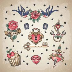 an old school tattoo design with roses and other tattoos