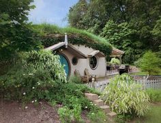 a small house with a green roof surrounded by greenery