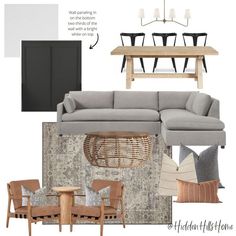 a living room and dining room design board with furniture, rugs, chairs, table and couches