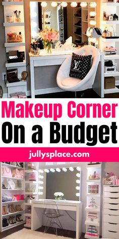 Makeup Corner Armoire To Makeup Vanity, Hair And Makeup Vanity Ideas, Diy Makeup Area Small Spaces, Makeup Vanity With Mirror And Lights, Ideas For Vanity Table Makeup Storage, How To Make A Makeup Vanity Out Of A Dresser, Makeup Shelf Decor, Makeup Table Organization Small Spaces, Build Your Own Vanity Makeup