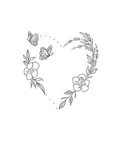 a heart shaped frame with flowers and butterflies on the side, drawn in black ink