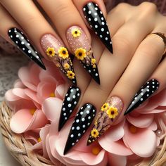 Elevate your nail game with these chic polka dot black nails adorned with vibrant yellow flowers. Perfect for a formal event. #nails #floral #blacknails #manicure #nailart #polkadots #yellowflowers Black Flower Nails, Black Floral Nails, Event Nails, Stilleto Nails Designs, Summer Nails 2024, Nails Floral, Classic Nail, Nail Appointment, Sunflower Nails