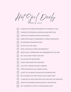 Use this daily hot girl checklist to stay consistent and maintain balance in all areas of your life! Going Out Checklist, That Girl Checklist, Baddie Checklist, Glowup Checklist, Getting Your Life Together Checklist, Life Checklist, Beauty Checklist, Glow Up Checklist, Practicing Self Love