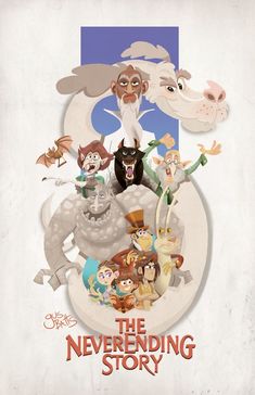 the never ending story movie poster with many cartoon characters and their names on it's side