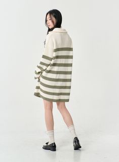 Product Detail Style : Casual Occasion : Back to school Detail : Zip up Print : Stripe Material : Acrylic Sleeve : Long sleeve Length : Maxi Fit : Normal fit Acrylic100 Size(Inch) Shoulder Bust Sleeve Length Armhole Sleeve Width Sleeve Hem Neck width Hem Total Length S/M 22.0" 20.5" 20.9" 7.9" 7.3" 4.3" 6.7" 21.3" 35.8" Size(CM) Shoulder Bust Sleeve Length Armhole Sleeve Width Sleeve Hem Neck width Hem Total Length S/M 56 cm 52 cm 53 cm 20 cm 18.5 cm 11 cm 17 cm 54 cm 91 cm Green Mini Sweater Dress For Winter, Casual Green Knee-length Sweater Dress, Casual Beige Knee-length Sweater, Oversized Green Dress For Fall, Green Cotton Winter Dresses, Casual Striped Sweater Dress For Fall, Casual Green Sweater Dress For Winter, Casual Striped Long Sleeve Sweater Dress, Green Oversized Winter Dress