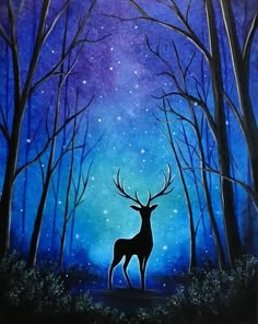 an acrylic painting of a deer in the woods at night with stars above