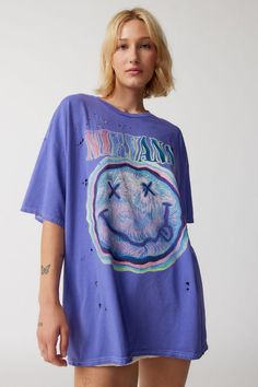 Nirvana Distressed T-Shirt Dress Nirvana Shirt Outfit, Distressed T Shirt Dress, Nirvana Shirt, Nirvana Band, Australia Clothes, Baggy T-shirt, Distressed T Shirt, Tumblr Outfits, Purple Shirt