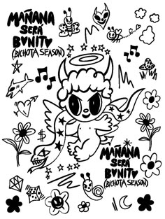 an ink drawing of a cartoon character surrounded by other doodles and symbols, all in black and white