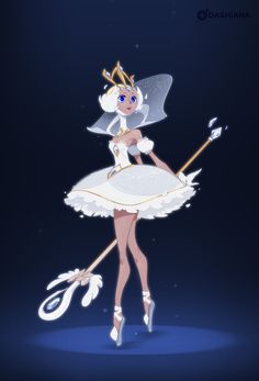 a cartoon character dressed as a fairy holding a wand and wearing a white dress with gold trimmings