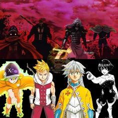 some anime characters are standing together in front of a red and purple sky with clouds