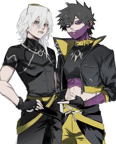 two anime characters with white hair and black clothes, one is holding his arm around the other