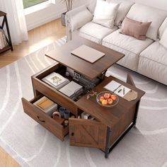 a living room with a white couch and coffee table