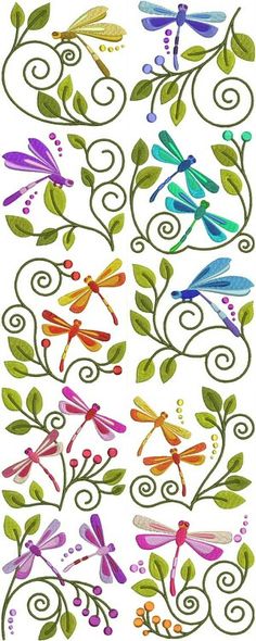 some colorful dragonflies and leaves on white paper