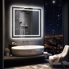 a bathroom with a large mirror above the bathtub and a white chair in front of it