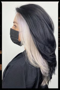 Hair Color Idea - Black and White Hair Color Idea Black And Silver Hair Color Ideas, White On Top Black On Bottom Hair, White And Black Hair Color, White Hair With Black Underneath, Black And White Peekaboo Hair, White Underneath Hair, Hair Color Black And White, Black Hair With White Underneath, Black And White Hair Color